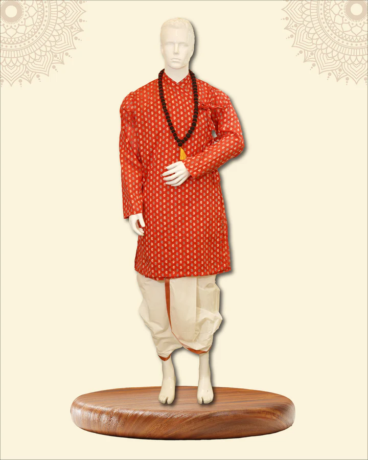 Kurta with Bagal Bandi and Floral Motifs & Traditional White Stitched Dhoti - Image 11