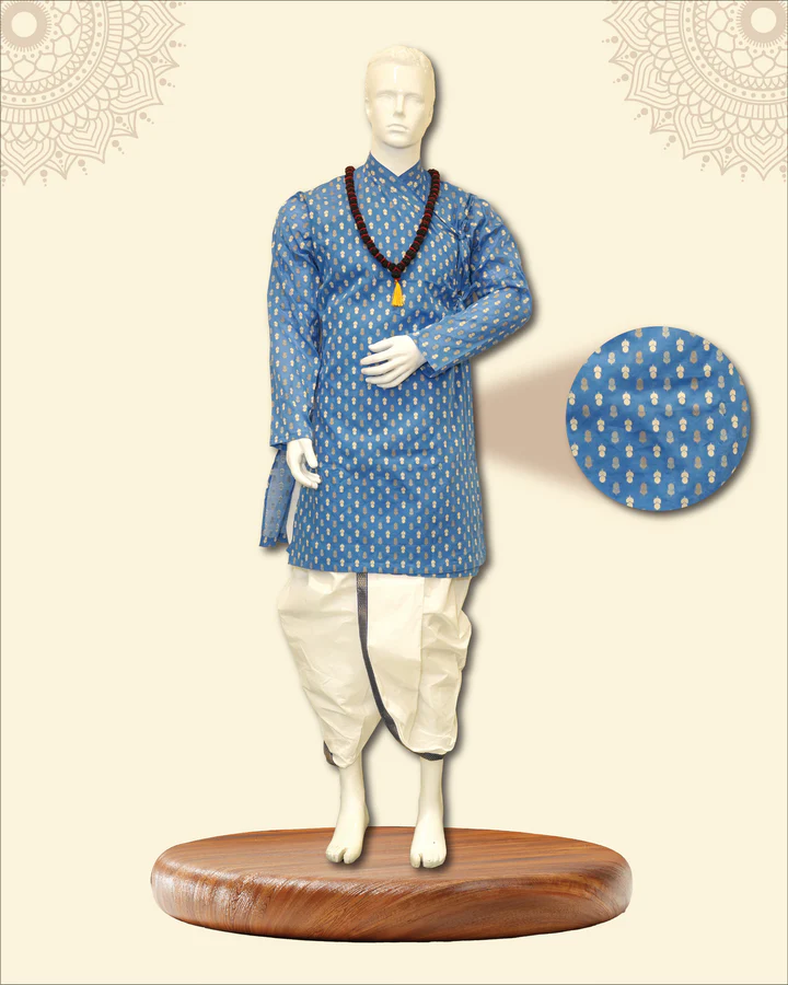 Kurta with Bagal Bandi and Floral Motifs & Traditional White Stitched Dhoti - Image 10